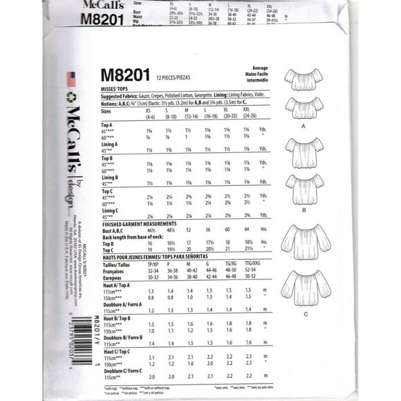 McCall's M8201 Misses L to XXL Bubble Crop Tops Uncut Sewing Pattern New - Picture 2 of 2